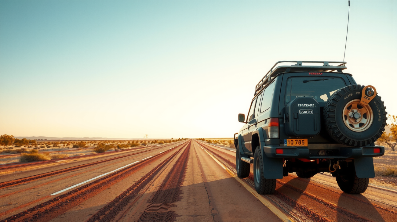 Australian 4WD on a remote road with tyre tracks for a tyre repair kit guide